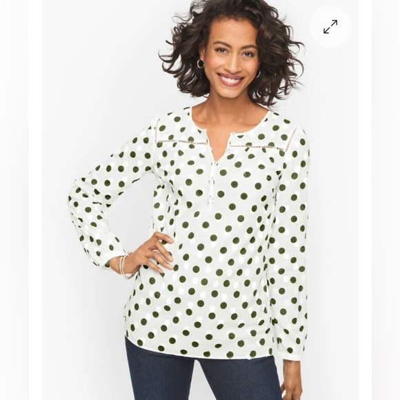 Talbots COTTON POPOVER - POLKA DOT Green and White Sz S. - Picture 1 of 9